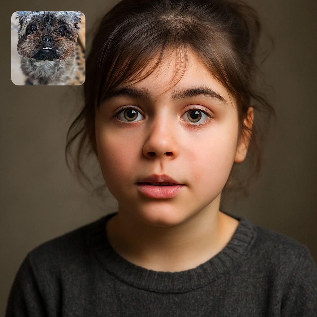 A close-up photo of an adorable fluffy dog with a slightly goofy expression, showing a tiny tooth. The background is softly blurred, making the dog's face the star of the show.