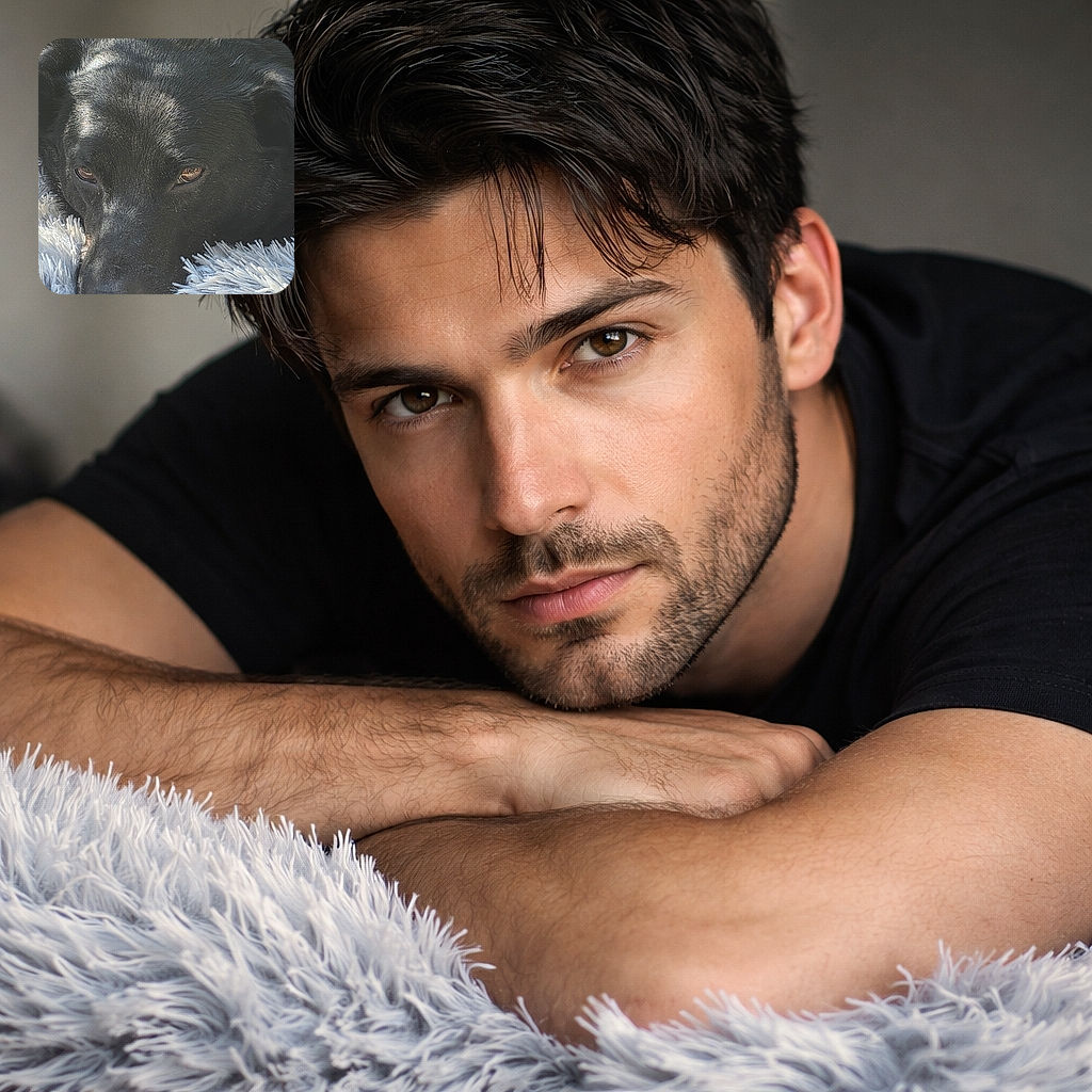A gloriously dramatic close-up of a black dog doing their best moody model impression — sun highlights the sleek fur while the soulful eyes silently beg for more naps and treats on that ridiculously fluffy rug.