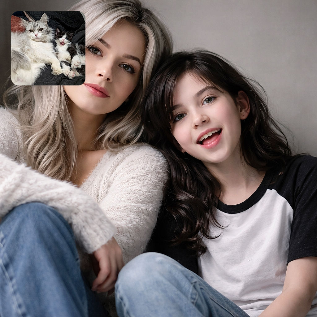 Two fluffy cats lounging together on a cozy black blanket, one looking regal and calm while the smaller one playfully sticks out its tongue, creating an adorable and heartwarming scene.