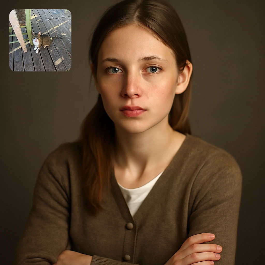 A curious tabby cat with white paws and chest sits on a wooden deck surrounded by rustic green chairs, looking up with a mix of suspicion and interest as sunlight casts playful shadows around.