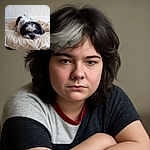 A fluffy black and white dog is comfortably lying on a soft beige cushion, looking directly at the camera with sleepy eyes. The background features a textured white wall, adding a cozy indoor vibe to the scene.