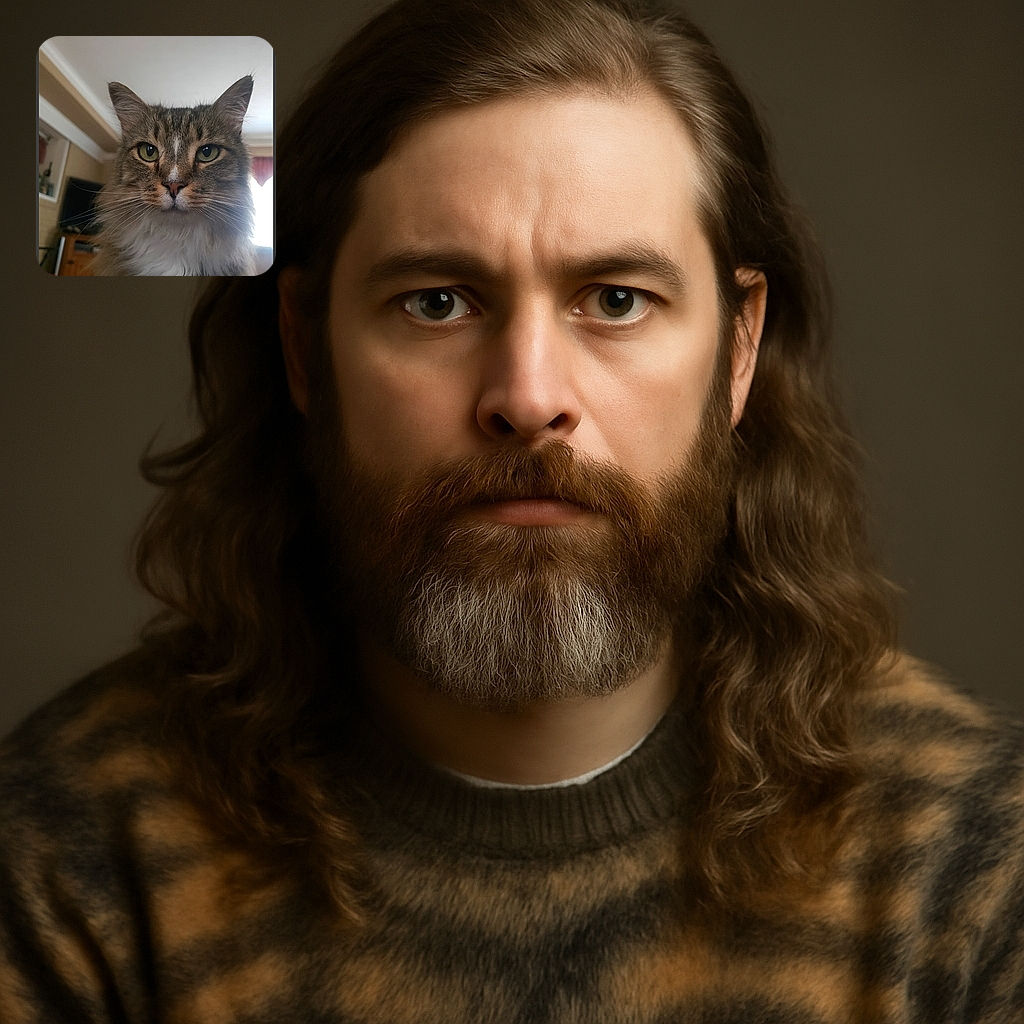 A majestic fluffy cat stares intensely at the camera with its piercing green eyes, framed by a cozy indoor setting with warm lighting and a slightly blurred background.
