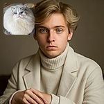 A fluffy white cat with striking blue eyes looks up adorably, sitting on a textured chair. Its fur is so voluminous it almost forms a perfect round cloud around its face, making it look like a regal puffball.
