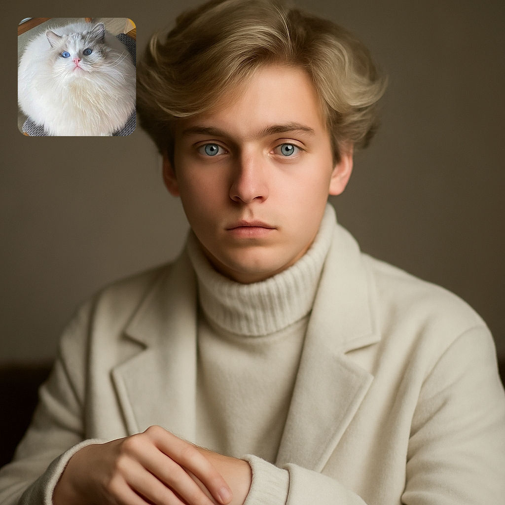 A fluffy white cat with striking blue eyes looks up adorably, sitting on a textured chair. Its fur is so voluminous it almost forms a perfect round cloud around its face, making it look like a regal puffball.