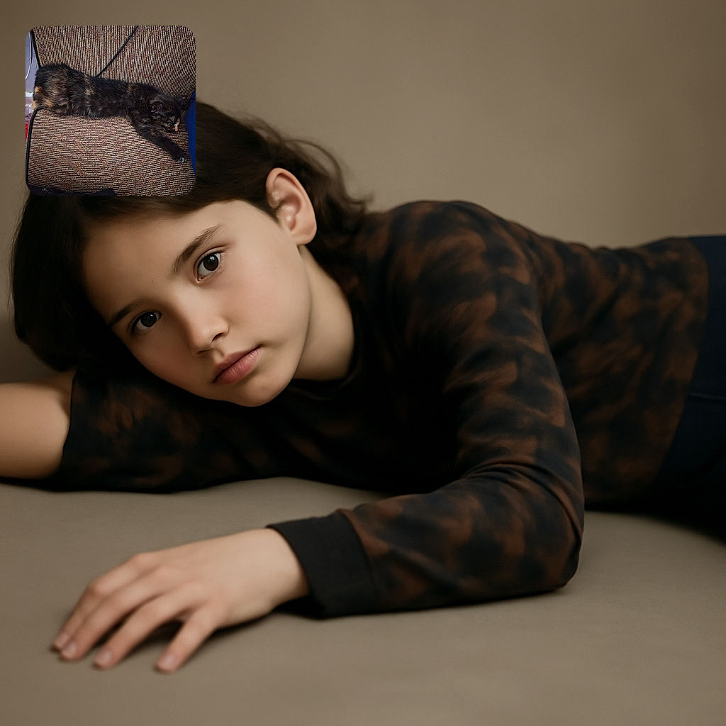 A tortoiseshell cat stretched out like a furry little loaf on a textured brown couch, completely relaxed and claiming the whole seat as its kingdom. A black cable snakes behind the cat adding a quirky touch to this cozy nap scene.