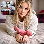 A white dog with striking heterochromia eyes lounges on a bed, gripping a pink stuffed toy bear with its paws. The cozy room features a textured wall with a faded car image, colorful bedding, and soft natural light, creating a warm and intimate scene.
