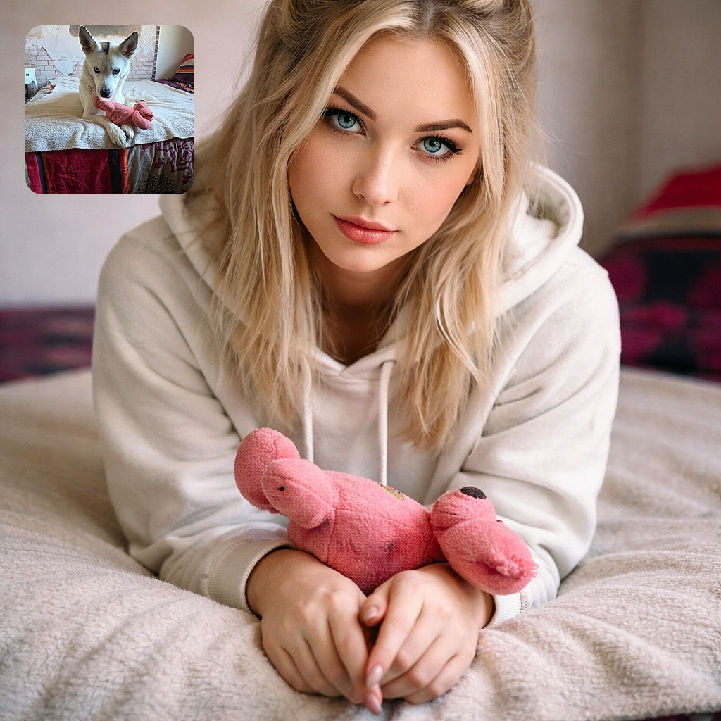 A white dog with striking heterochromia eyes lounges on a bed, gripping a pink stuffed toy bear with its paws. The cozy room features a textured wall with a faded car image, colorful bedding, and soft natural light, creating a warm and intimate scene.