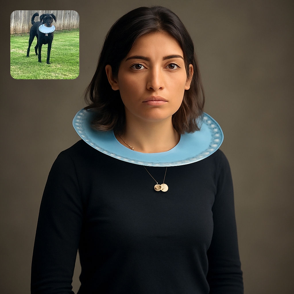 A black dog proudly stands on a green lawn holding a white paper plate in its mouth, with a wooden fence as the backdrop. The dog's tail is curled up, and it looks ready for a game of fetch or a snack time surprise.