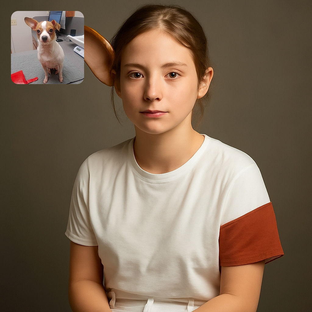 A small dog with one ear perked up and the other flopped down sits patiently on a countertop mat, surrounded by office or veterinary clinic equipment, looking directly at the camera with big, curious eyes.