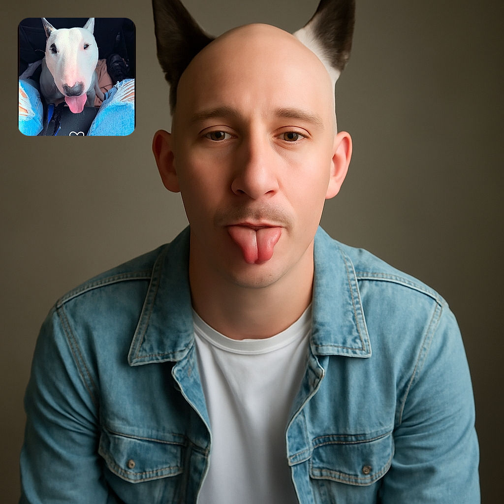 A happy white bull terrier with a black patch over one eye sticks out its tongue between the legs of a person wearing ripped blue jeans, with a cute white heart doodle overlay at the bottom center of the photo.