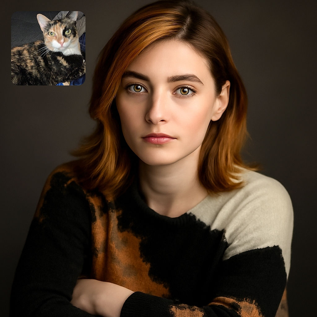 A close-up photo of a calico cat lying on a bed with a slightly blurry face, showing its beautiful fur patterns and green eyes, surrounded by blankets and sheets.