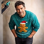 A small black dog wearing a festive green sweater with a reindeer design is sniffing the ground on a sunlit paved path covered with scattered autumn leaves. The dog's shadow stretches long on the pavement, and a sneaker is visible in the bottom right corner, suggesting a casual walk.