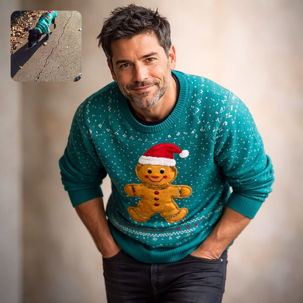 A small black dog wearing a festive green sweater with a reindeer design is sniffing the ground on a sunlit paved path covered with scattered autumn leaves. The dog's shadow stretches long on the pavement, and a sneaker is visible in the bottom right corner, suggesting a casual walk.