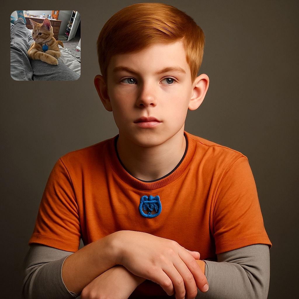 A cozy indoor scene with a ginger tabby cat lounging comfortably on a person's lap. The person is wearing gray sweatpants and blue socks with a cute pattern, while the background shows a dresser, an open door, and some household items, adding a lived-in feel.