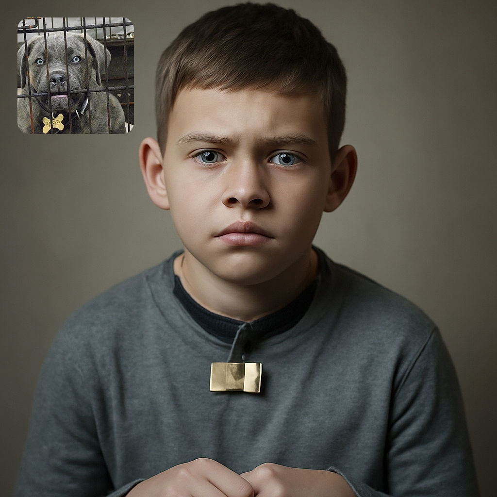 A soulful gray puppy with striking blue eyes peers through rusty cage bars, gripping one of them gently with its mouth, wearing a collar and a bone-shaped tag that hints at its identity, set against a dim, slightly cluttered background.