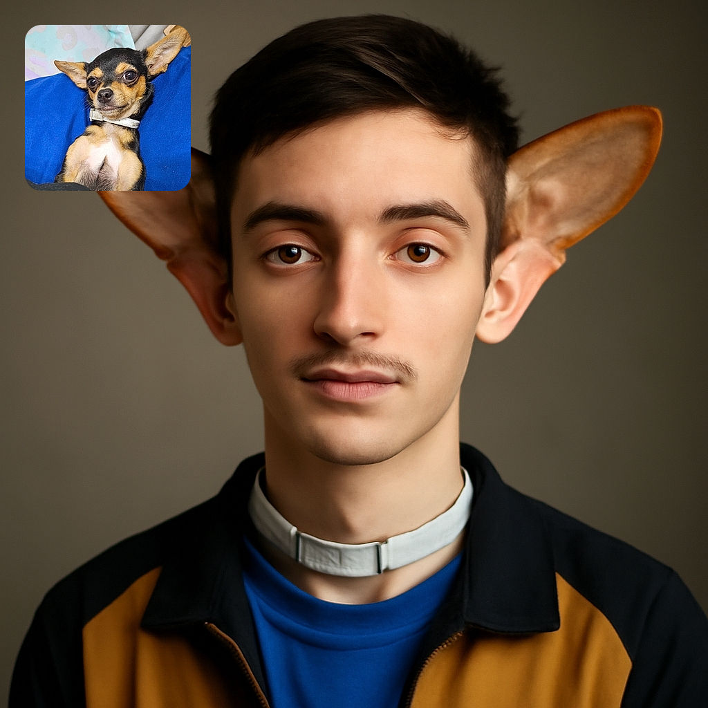 A small dog with large ears and a white collar lounges on a blue cushion, looking curiously at the camera with big, shiny eyes. The background features a pastel-colored blanket with soft patterns, adding a cozy vibe to the scene.