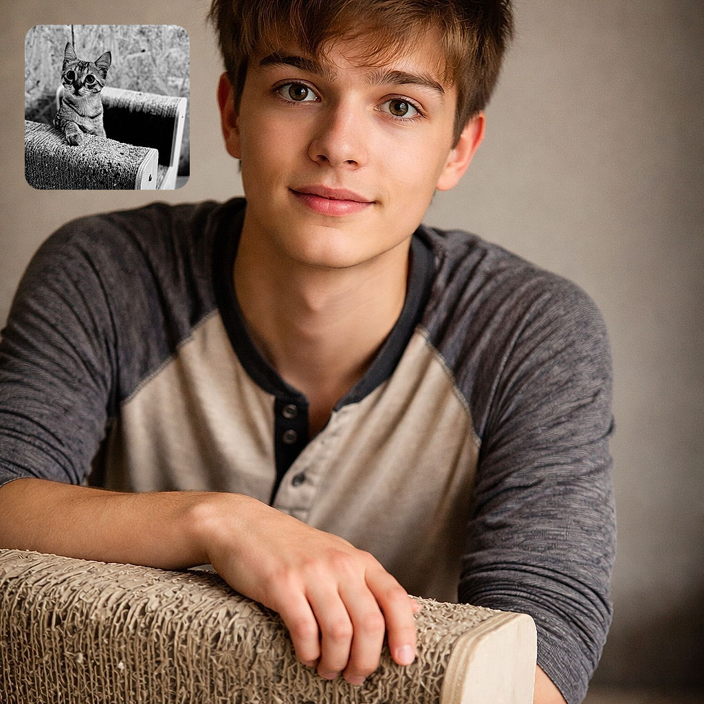 A curious tabby kitten with huge, expressive eyes is perched on a textured scratching post, looking intently just beyond the camera. The black and white filter adds a timeless, classic vibe to this cozy indoor scene.