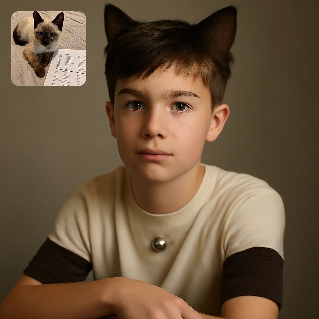 A curious Siamese kitten with striking blue eyes and a tiny bell collar lounges comfortably on a beige bedspread, next to a sheet of paper filled with scientific prefixes and suffixes, looking ready to pounce on both knowledge and playtime.