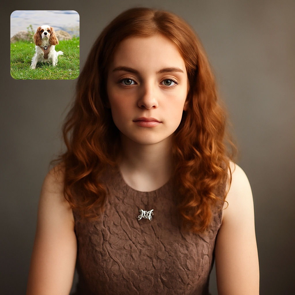 A charming Cavalier King Charles Spaniel sits attentively on lush green grass near a calm body of water, wearing a butterfly-adorned harness, with soft natural light highlighting its expressive eyes and silky ears.