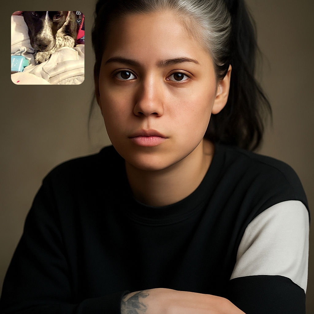 A cozy close-up of a black and white dog resting on a soft blanket with a person playfully sticking their tongue out in the background. The image is warm and intimate, capturing a candid moment of companionship with some overlay icons and text typical of a social media app interface.