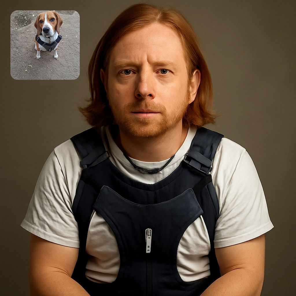 A focused and adorable beagle wearing a harness sits attentively on a dirt ground, looking straight at the camera with soulful eyes, ready for an adventure or a treat.