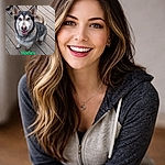 Harley the grin machine stares up like a practiced model — ears on high alert, golden eyes beaming, muddy paws planted on a wooden deck and a huge green name stamp proudly claiming fame. Looks like someone told a joke and Harley delivered the punchline with teeth and tail wag.