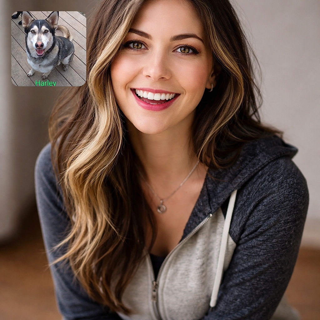 Harley the grin machine stares up like a practiced model — ears on high alert, golden eyes beaming, muddy paws planted on a wooden deck and a huge green name stamp proudly claiming fame. Looks like someone told a joke and Harley delivered the punchline with teeth and tail wag.