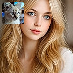 A close-up portrait of a fluffy cat with mesmerizing blue eyes, its detailed fur and whiskers sharply in focus against a softly blurred indoor background with warm and cool tones.