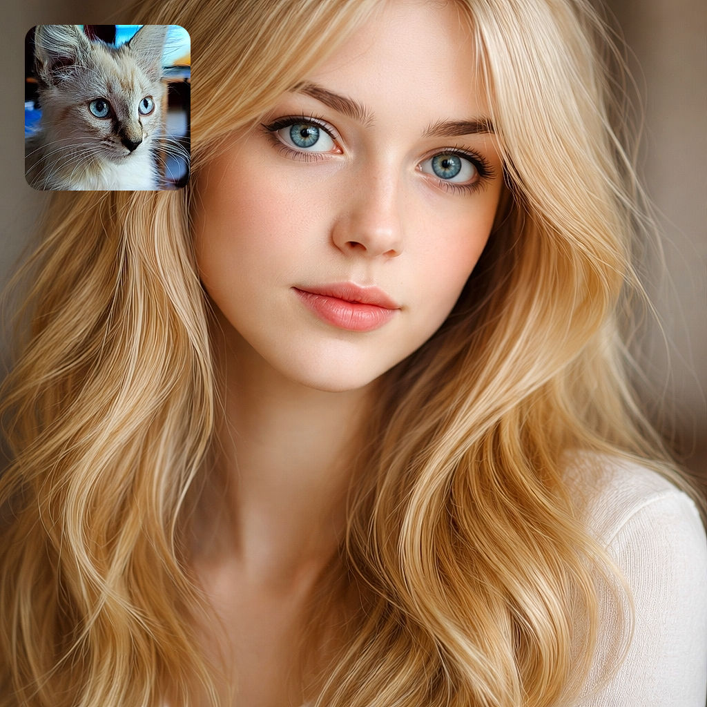 A close-up portrait of a fluffy cat with mesmerizing blue eyes, its detailed fur and whiskers sharply in focus against a softly blurred indoor background with warm and cool tones.