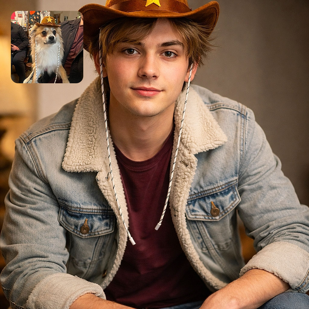 A tiny sheriff-in-training: a fluffy little dog perched on a lap wearing a too-small cowboy hat with a serious stare, while posters and people crowd the cozy room behind it — equal parts adorable and oddly official.