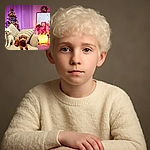 Two adorable dogs, one white and fluffy and the other curly and brown, chill on a cozy couch surrounded by festive holiday decorations including a brightly lit Christmas tree and a warmly glowing fireplace adorned with stockings and candles.