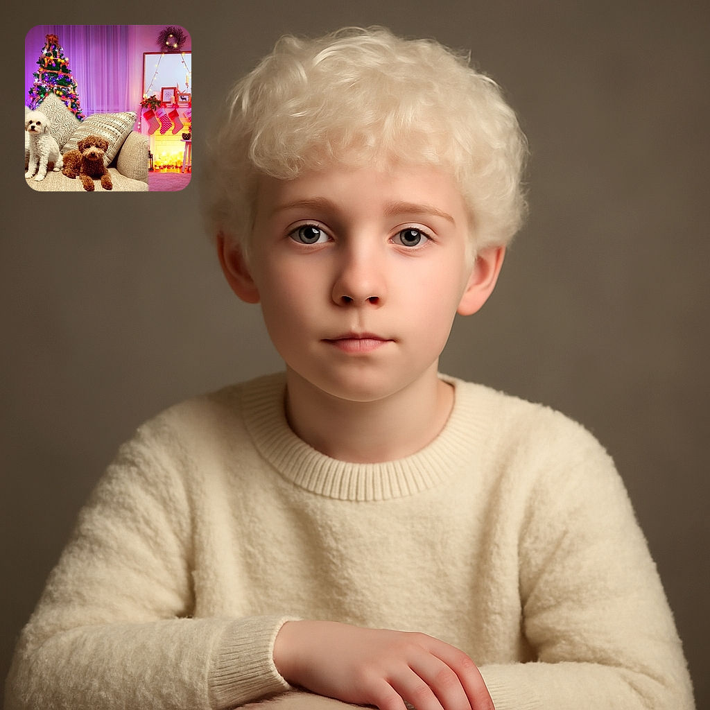 Two adorable dogs, one white and fluffy and the other curly and brown, chill on a cozy couch surrounded by festive holiday decorations including a brightly lit Christmas tree and a warmly glowing fireplace adorned with stockings and candles.