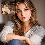 A regal, slightly judgmental cat has commandeered a lap and is gazing at the camera like it owns the Wi‑Fi — one paw draped over the human as if signing a lease.