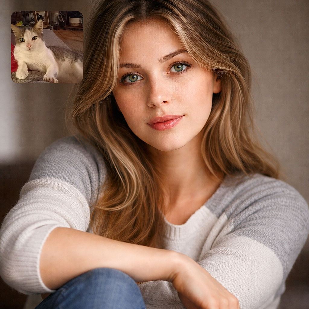 A regal, slightly judgmental cat has commandeered a lap and is gazing at the camera like it owns the Wi‑Fi — one paw draped over the human as if signing a lease.