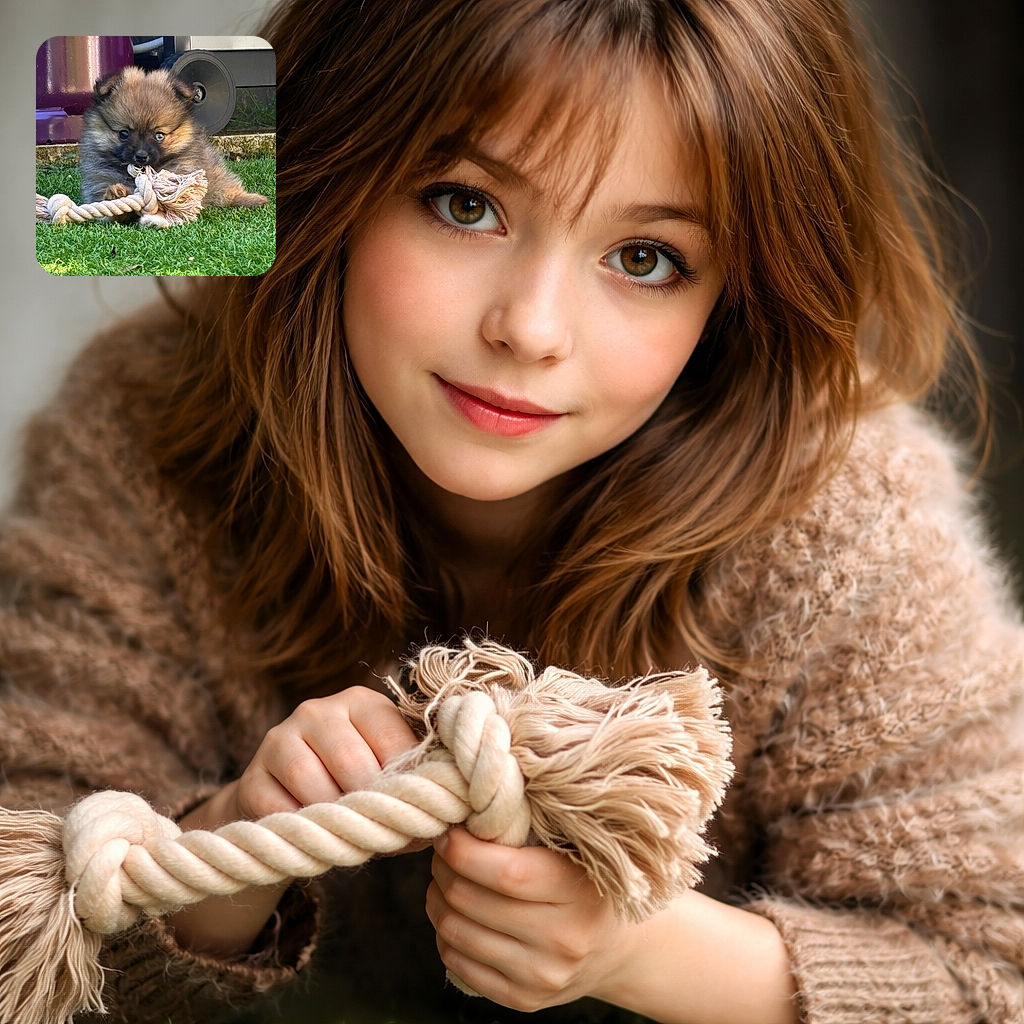 A tiny fluff tornado (puppy) sits on the grass, fiercely protecting and chewing its rope toy with intense puppy-focus — suspicion: plotting world domination between naps.