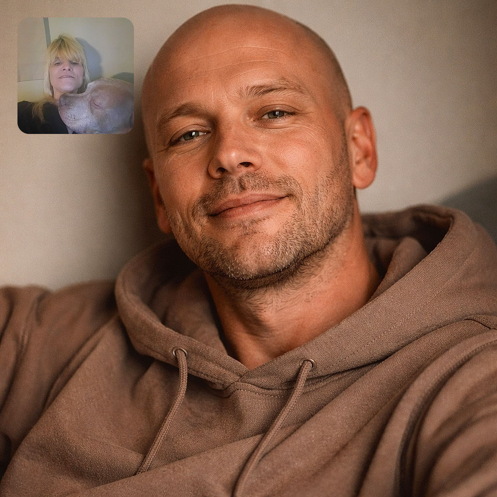 A cozy selfie moment where a patient, snoring dog has claimed the lower half of the frame like a furry pillow while the human looks on with a sleepy half-smile — living room wall and soft shadows provide the perfectly unglamorous backdrop.