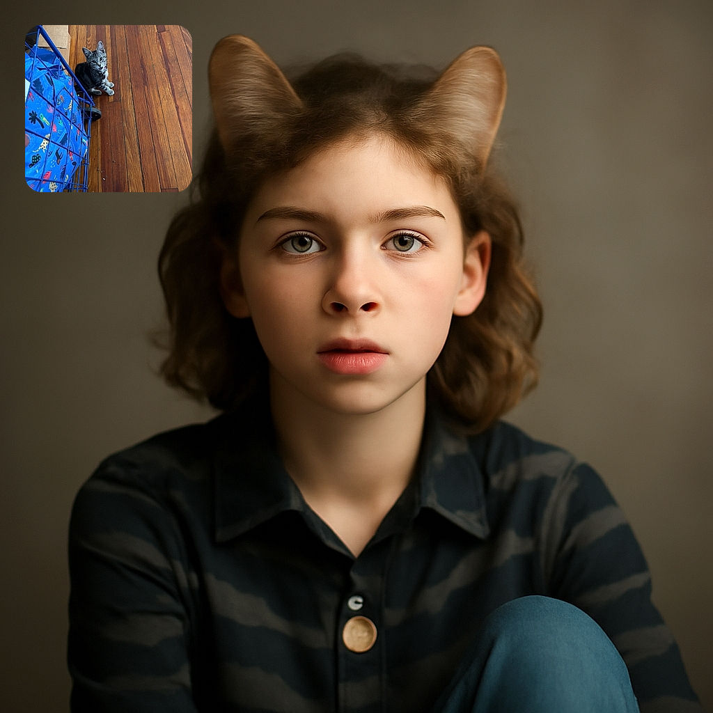 A curious little tabby kitten sits on a polished wooden floor next to a vibrant blue cart filled with colorful bags, looking up with an inquisitive expression and a slightly open mouth as if caught mid-meow.