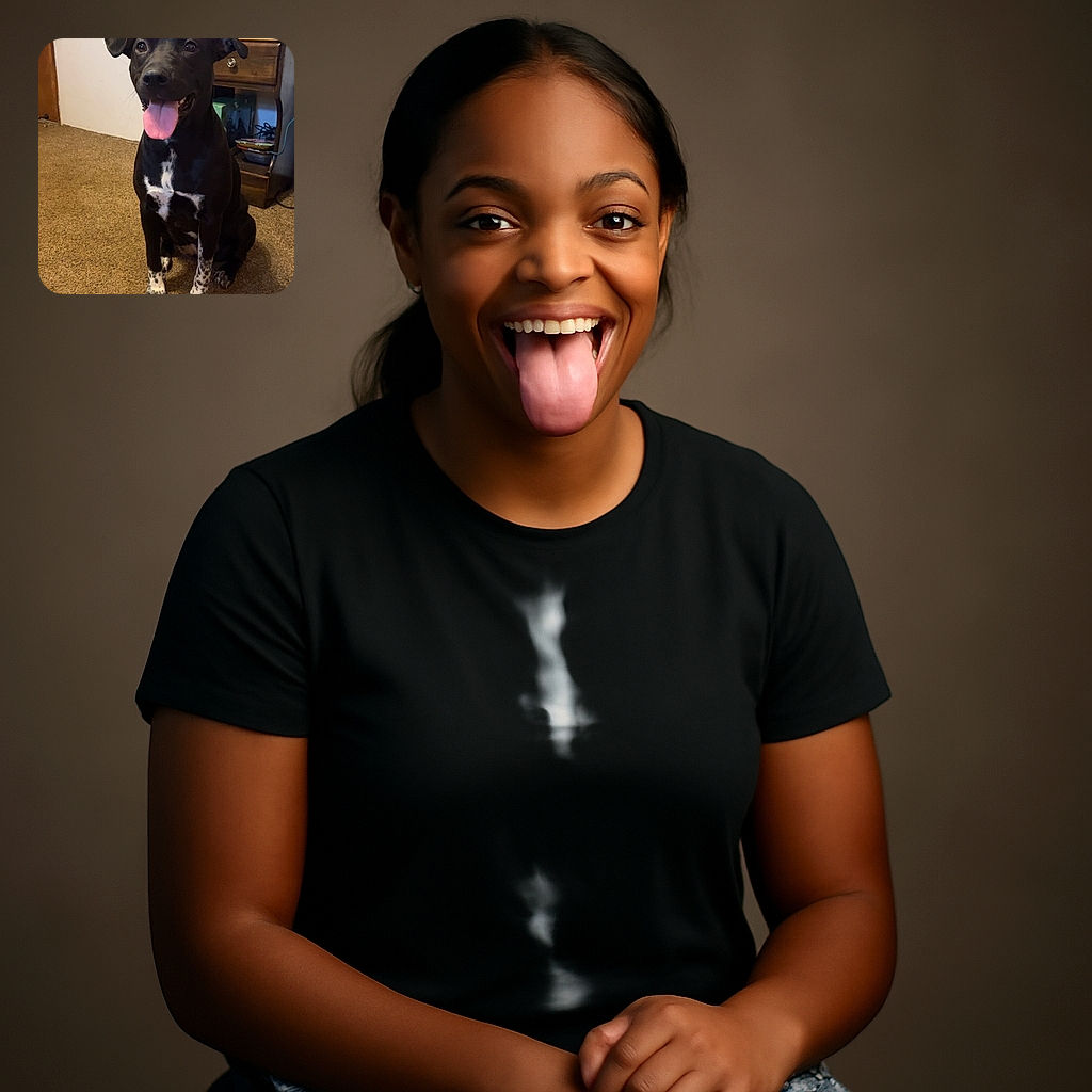 A happy black dog with white speckled paws and chest sits obediently on a brown carpeted floor, tongue out and ears perked up, with a cozy room background featuring a wooden nightstand, a lamp, and some household items.
