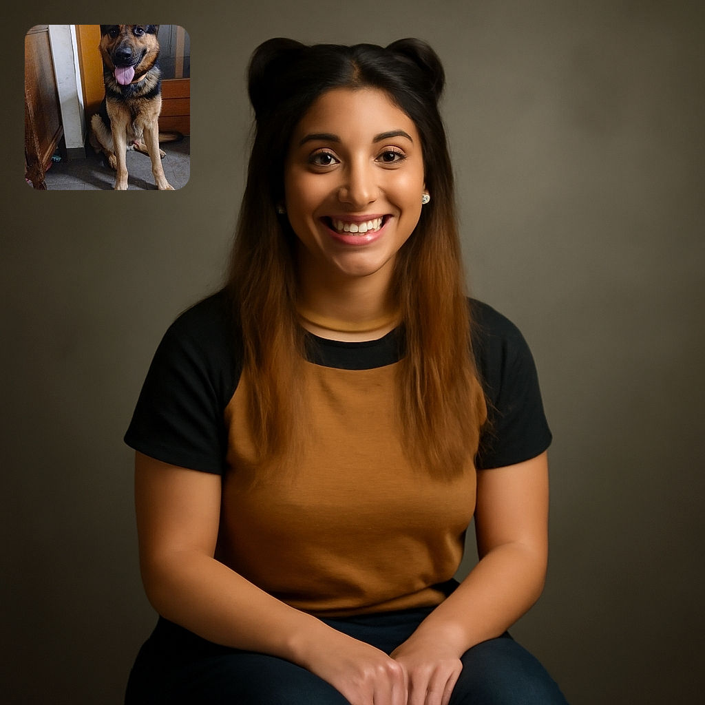 A happy German Shepherd dog sits indoors with its tongue out, looking excited and ready for a game of fetch, surrounded by a cozy home setting with wooden furniture and tiled floor.
