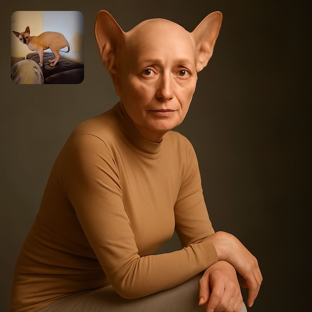 A curious hairless Sphynx cat stands on a dark leather couch, casting a shadow on the soft-lit beige and blue wall behind. The cat's wrinkled skin and large ears give it a unique, almost alien look, while the foreground shows a worn, light-colored fabric adding a cozy, lived-in vibe.