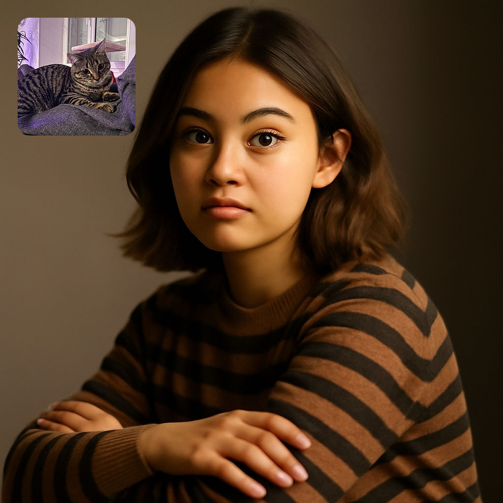 A cozy tabby cat lounges comfortably on a grey fabric surface, eyes wide and curious, with a soft purple light casting a gentle glow in the background, creating a calm and homey atmosphere.