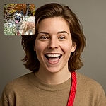 A happy dog with a fluffy coat and a red leash poses joyfully on a rocky path surrounded by vibrant autumn foliage, capturing the essence of a perfect fall walk.