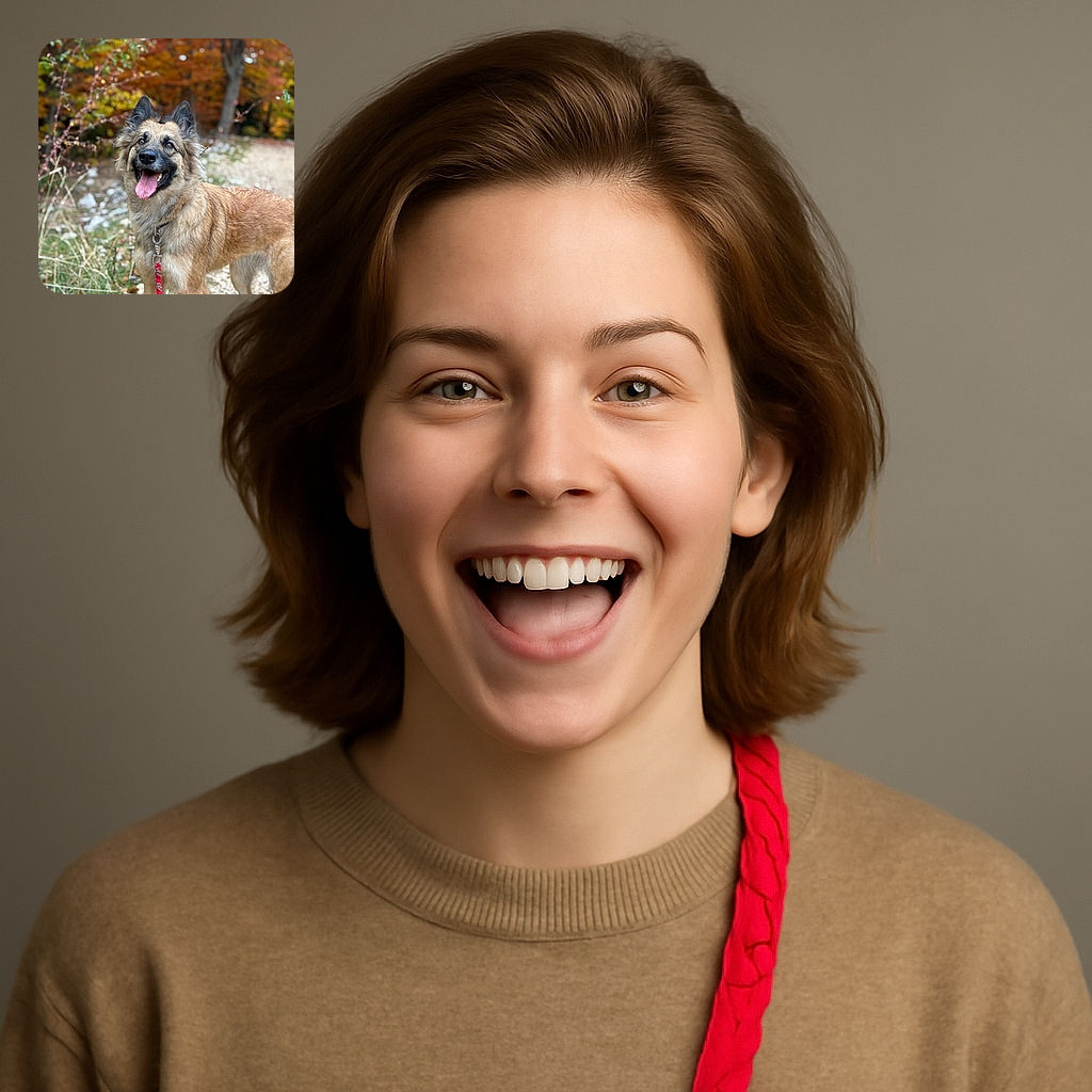 A happy dog with a fluffy coat and a red leash poses joyfully on a rocky path surrounded by vibrant autumn foliage, capturing the essence of a perfect fall walk.