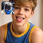A close-up shot of an adorable pug puppy wearing a blue and yellow outfit, sticking its tongue out with big, shiny eyes, sitting comfortably in what appears to be a car seat, radiating pure puppy charm and mischief.
