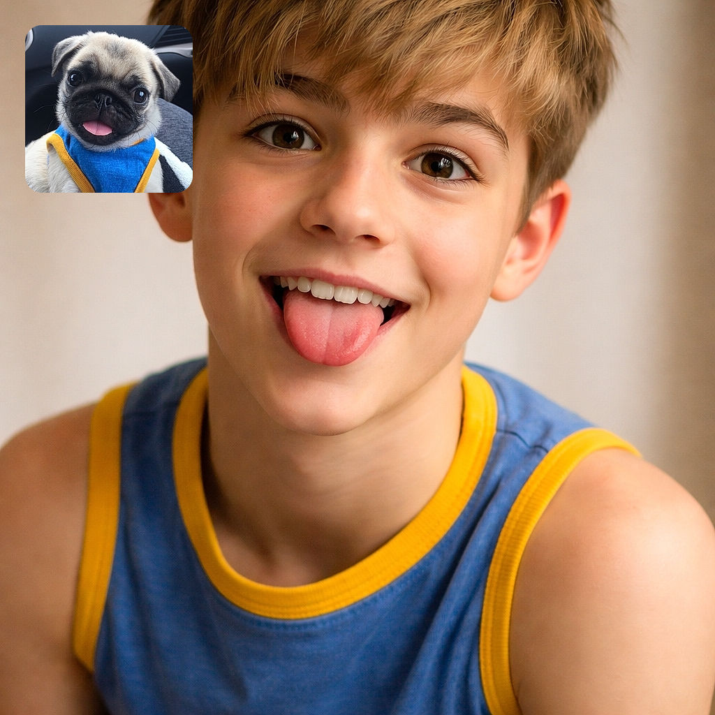 A close-up shot of an adorable pug puppy wearing a blue and yellow outfit, sticking its tongue out with big, shiny eyes, sitting comfortably in what appears to be a car seat, radiating pure puppy charm and mischief.