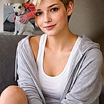 A charming dog with a white coat and a brown patch over one eye sits calmly on a couch, comfortably nestled against a person wearing a bright orange sweatshirt and gray sweatpants. The dog's attentive eyes and relaxed posture suggest a strong bond with its human companion, while the soft indoor lighting highlights the cozy home atmosphere.