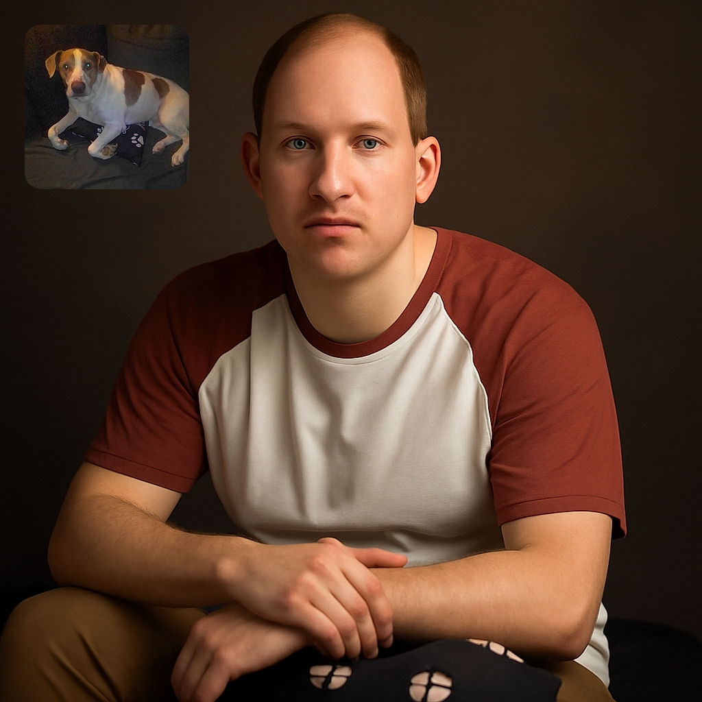 A cozy dog lounges on a dark couch with a paw-print pillow, looking curiously at the camera with a slight glow in its eyes from the flash.