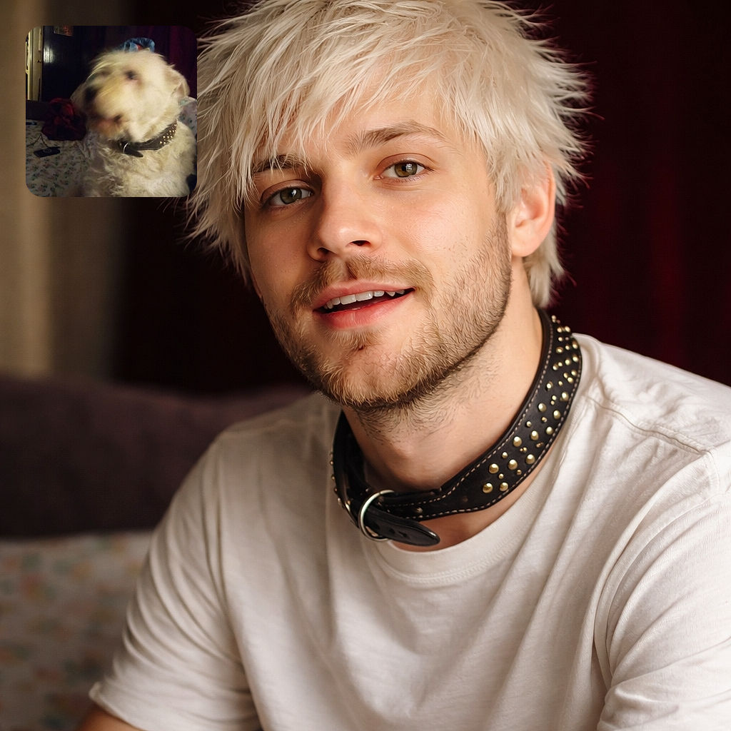 A delighted, very blurry dog mid-shake — the face is a smeared, ghostly blur while a studded collar peeks out; it looks like someone tried to take a portrait of a furry paintbrush. Cozy indoor bed background adds to the homey chaos.