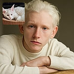 A fluffy white cat with striking heterochromia (one blue eye, one amber eye) lounges comfortably on a textured wooden surface, looking relaxed and slightly curious with soft lighting highlighting its delicate fur and pink nose.