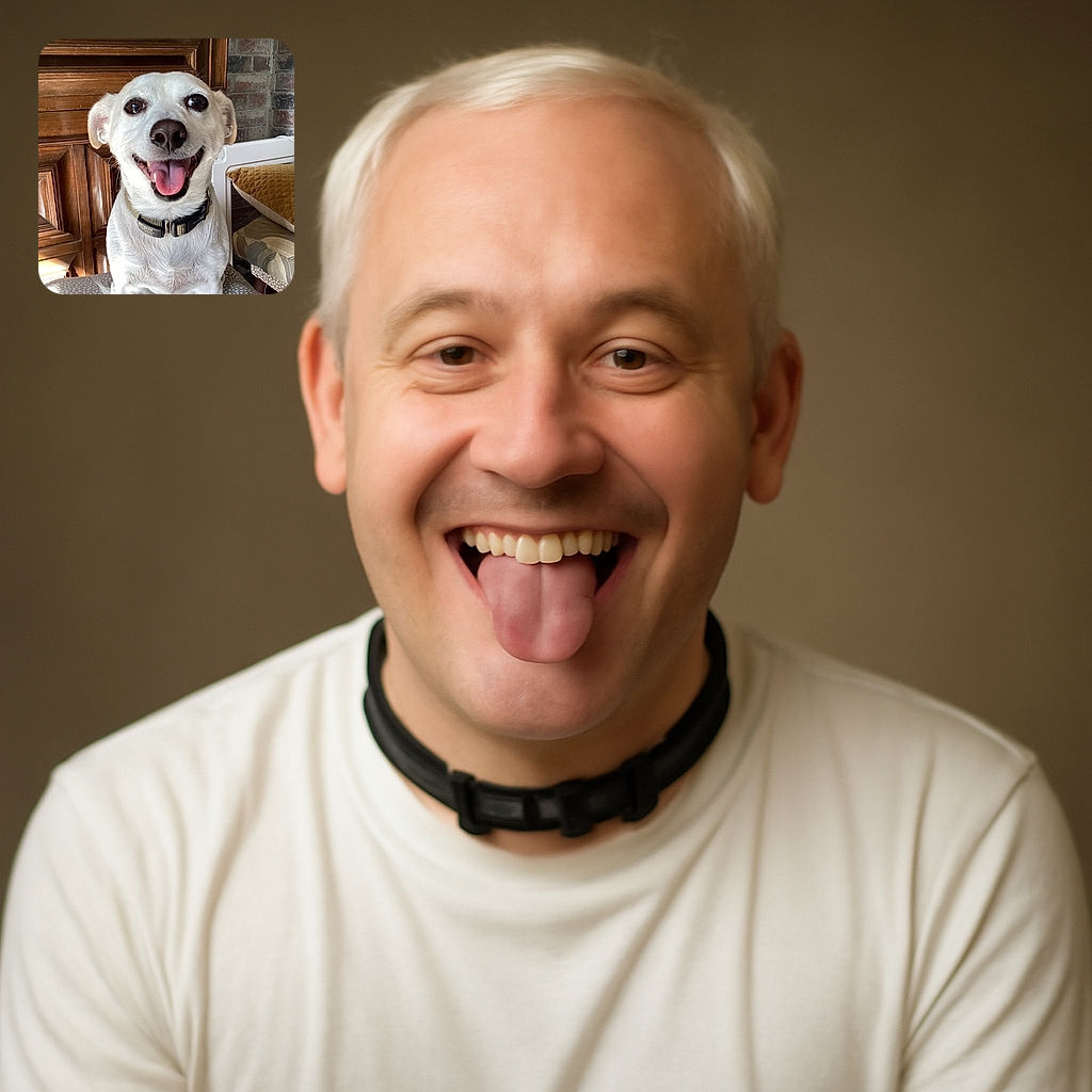 A cheerful white dog named Bean flashes a big, happy smile with its tongue out, sitting indoors against a cozy backdrop of wooden furniture and cushions, radiating pure joy and friendliness.